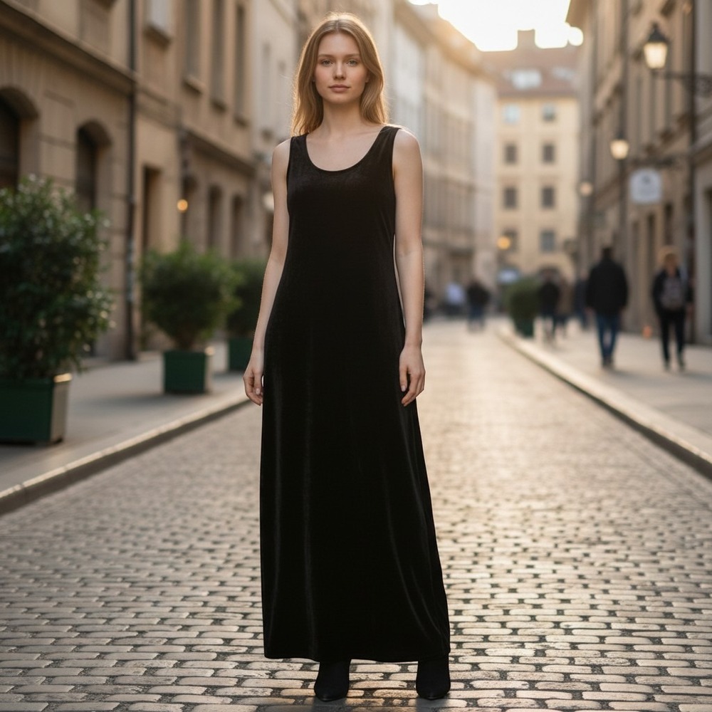 Eileen Fisher Velvet Rayon Silk Maxi Long Dress Shift Black Large